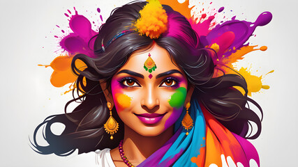 Indian woman with colored paints in Holi Festival themed logo icon symbol on white background. Generative AI