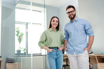 Canvas Print - Photo of two people business partners feel confidence successful in modern workspace