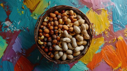 Wall Mural - Nuts arranged in a basket against a vibrant backdrop