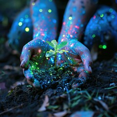 Wall Mural - Hands with some soil and a small tree sprouting with blue and green lights around, nature and plants. The hope and power of life rising from the earth. Earth Day concept