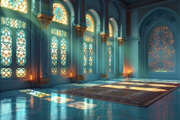 Empty room in Arabic style. Realistic spacious 3d Arabic room with large windows light shines through the window