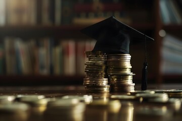 A stack of coins and a black cap with a gold tassel on top of it. Concept of accomplishment and achievement