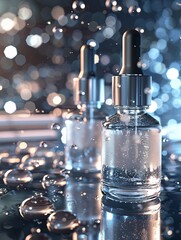 Aufkleber - Close-up of glass bottles containing serums with droplets on a lab surface. Generative AI