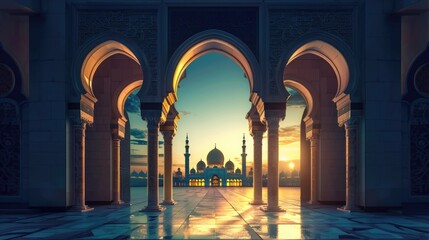 Wall Mural - Arab arch with mosque, Ramadan concept