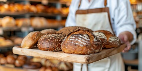 Wall Mural - Artisan baker presenting fresh bread selection at a bakery