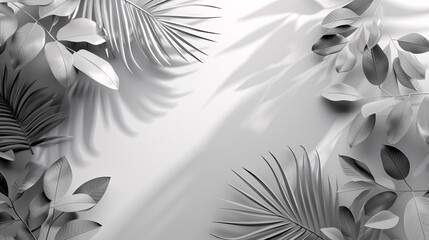 Elegant white background with natural tropical leaves shadow overlay, suitable for summer season product displays and mockups.