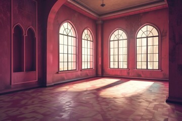 Wall Mural - Empty room in Arabic style. Realistic spacious 3d Arabic room with large windows light shines through the window