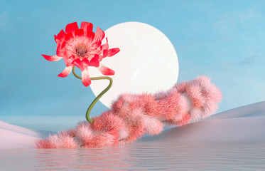 Aufkleber - Abstract beauty podium backdrop for product display with log and flower on the water. 3d seascape background.