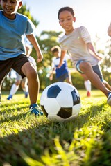 Active kids playing soccer on a sunny day at the park