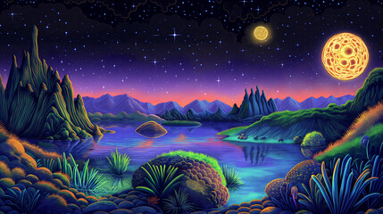 Fantastical landscape of an alien world with two moons, exotic vegetation, and colorful terrain, under a starry sky, creating a dreamlike and otherworldly atmosphere.