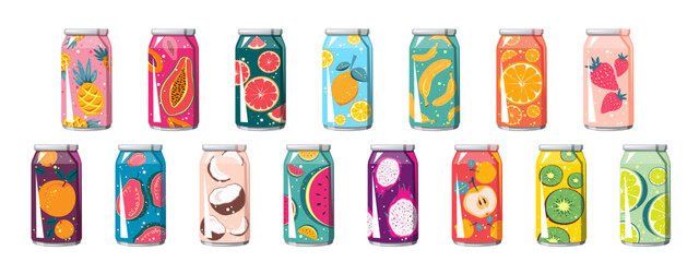 Set of carbonated drinks in aluminum cans. Soda with various fruit flavors. Summer refreshing lemonades, juices, cocktails. Vector illustration.