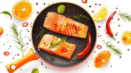 Wall Mural - Fresh salmon fillets in a pan with herbs and spices. Bright and vibrant food image. Ideal for culinary projects. Perfect for healthy eating blogs and recipes. AI