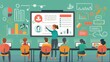© Analogue - A flat design illustration of a digital classroom with a teacher conducting a lesson via video conference. The minimalist background highlights the seamless interaction between the teacher and