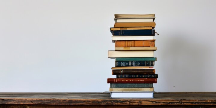 towering stack of various books on wooden surface against a white wall
