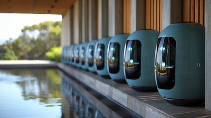 Canvas Print - A row of blue pods sitting next to a pool, AI