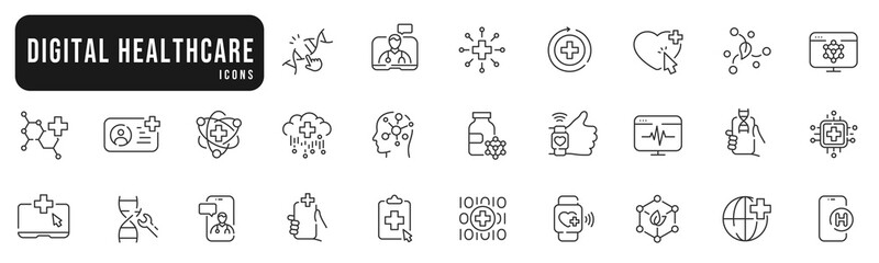 Digital health icons set. Tech, virtual, computing, phone, medicine line icon set. Editable strokes