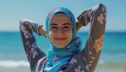 Wall Mural - A woman wearing a brown scarf is smiling at the camera while standing on a beach