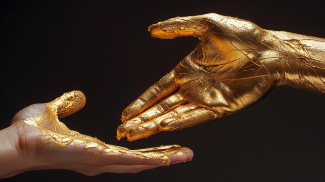 golden human hands, black background, copy and text space, 16:9