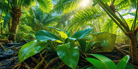 Wall Mural - Jungle on a sunny day. Beautiful tropical rainforest illustration with exotic plants, flowers, palms, big leaves and ferns. Bright sunbeams. Background with pristine nature landscape