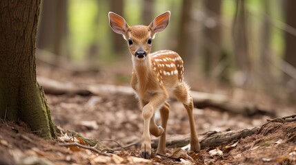 a small fawn in the woods with a tree stump, a fawn taking its first steps