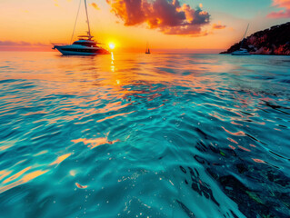 Luxury yachts sail across clear waters, with a sunset in the background