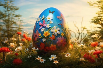 Aufkleber - a blue egg with flowers and butterflies on it, A large, colorful Easter egg sitting in a patch of spring flowers with blue sky in the background
