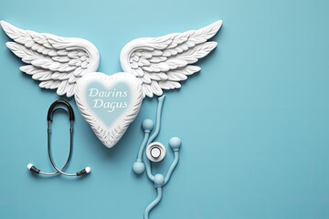 Aufkleber - , A light blue backdrop with white elements like heartbeat lines, caduceus, and a bold calligraphy stating National Doctors Day
