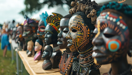 Wall Mural - A group of African masks with colorful designs and beads