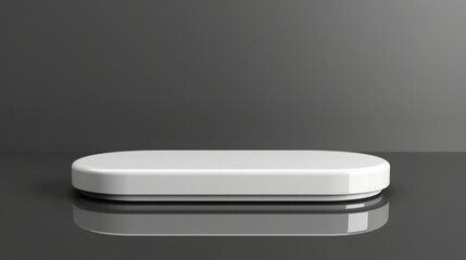 Leinwandbilder - A sleek, minimalist white platform sits on a reflective, glossy surface in a well-lit studio setting, captured during the day.
