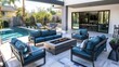 © JIALU - 8-piece outdoor patio furniture set with blue cushions, metal frame, and fire pit table near a pool on a wooden deck. Elegant black wood coffee table between two sofas with dark grey armrests and ligh