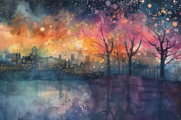Wall Mural - a painting of a sunset over a river, Art Deco cityscape illuminated by golden light and geometric patterns