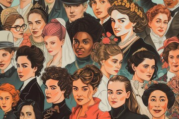 a group of women with different colored faces, A whimsical composition of cartoon-style drawings of iconic women who made history