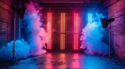 Wall Mural - Urban Elegance of a gritty yet chic studio setup featuring stadium lights, smoke, and neon accents, ideal for product showcases