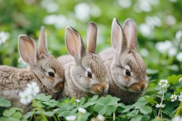 three rabbits are sitting in the grass together, Bunnies enjoying carrots in a field of clover