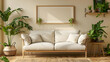 © Akash Tholiya - Warm and Cozy Composition of spring living room interior with mock-up poster frame
