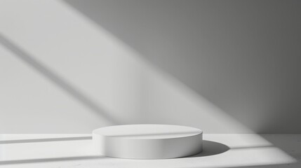 Poster - A simple white cylindrical pedestal is illuminated by natural sunlight, casting geometric shadows on a plain background.