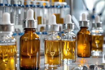 Poster - Glass bottles filled with a golden serum sit on a lab table, surrounded by various tools. Generative AI