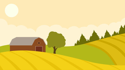 Wall Mural - Landscape illustration of wheat field farm in the countryside