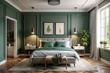 Wall Mural - A beautiful cozy minimalistic bedroom interior in white and dark green tones, super realistic 4K photography, detail, good sharpness of the frame.