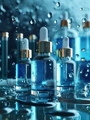 Poster - Glass bottles with serums and droplets in a laboratory setting. Generative AI
