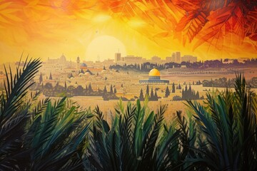 Fototapete - a painting of a sunset over a city, Portray the skyline of Jerusalem filled with palm branches waving in the air as people welcome Jesus on Palm Sunday