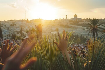Leinwandbilder - a painting of a sunset over a city, Portray the skyline of Jerusalem filled with palm branches waving in the air as people welcome Jesus on Palm Sunday