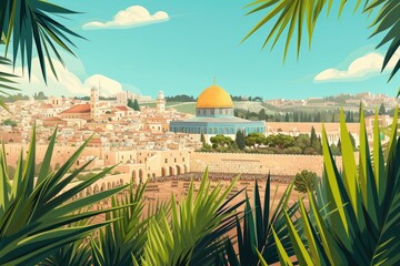Fototapete - a painting of a sunset over a city, Portray the skyline of Jerusalem filled with palm branches waving in the air as people welcome Jesus on Palm Sunday