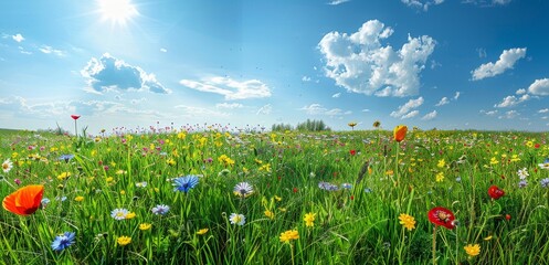 Wall Mural - Vibrant Wildflower Meadow Under Sunny Blue Sky with Clouds and Field Flowers