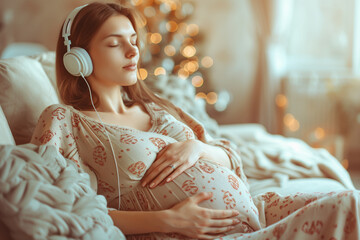 Wall Mural - A beautiful, healthy pregnant woman with fair skin, wearing a dress, in a cheerful mood, eyes closed, using headphones, lying on a sofa listening to music with a blurred background