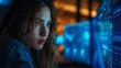 © horizon - A young woman is working in the server room, looking at her computer screen with blue lights and data charts on it. atmosphere of mystery or crime vibes.