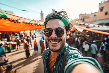 happy tourist visiting jamaa el-fna market, morocco - handsome man taking selfie enjoying summer vac