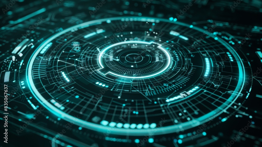 Futuristic digital interface with a glowing circular design ...