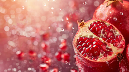 Wall Mural - Juicy pomegranate falls into the water, water splashes close-up