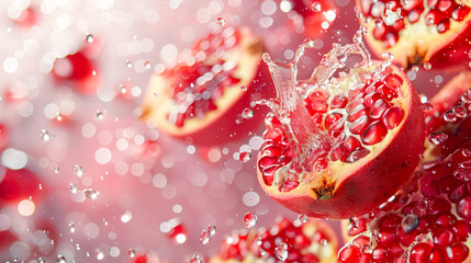 Wall Mural - Juicy pomegranate falls into the water, water splashes close-up